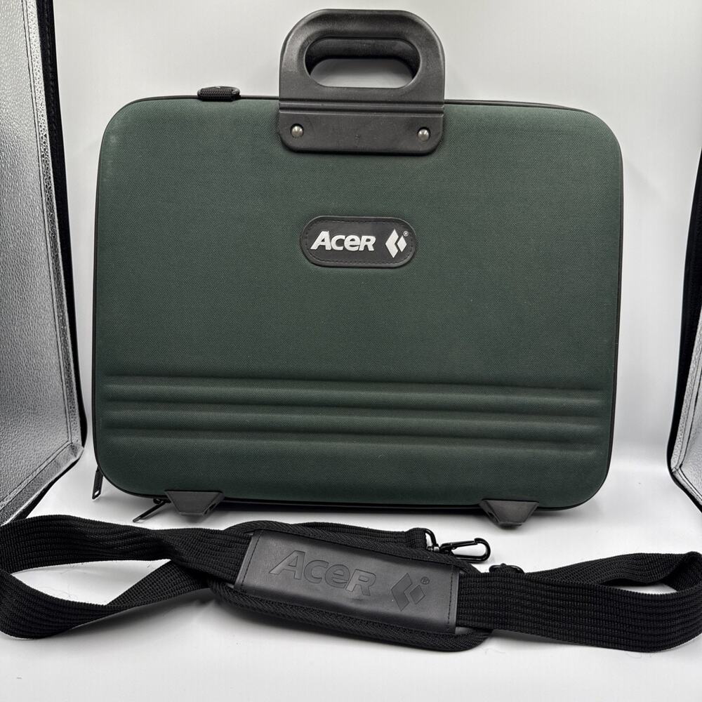 Vintage Acer Laptop Briefcase Bag Dark Green Hard Shell Carrying Case w/ Strap